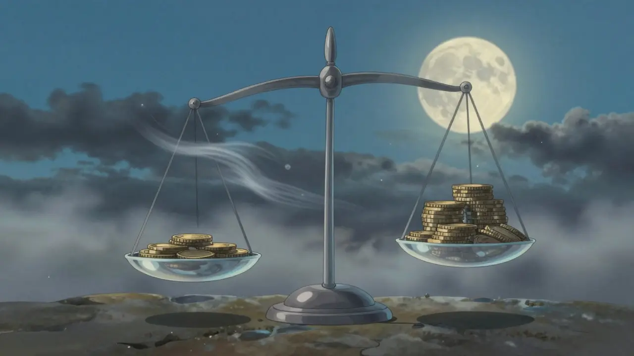 Ghibli-style illustration of a delicate scale balancing coins in a misty twilight