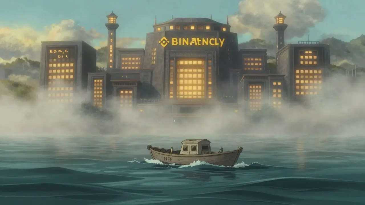 Ghibli-style small boat drifting in foggy crypto seas