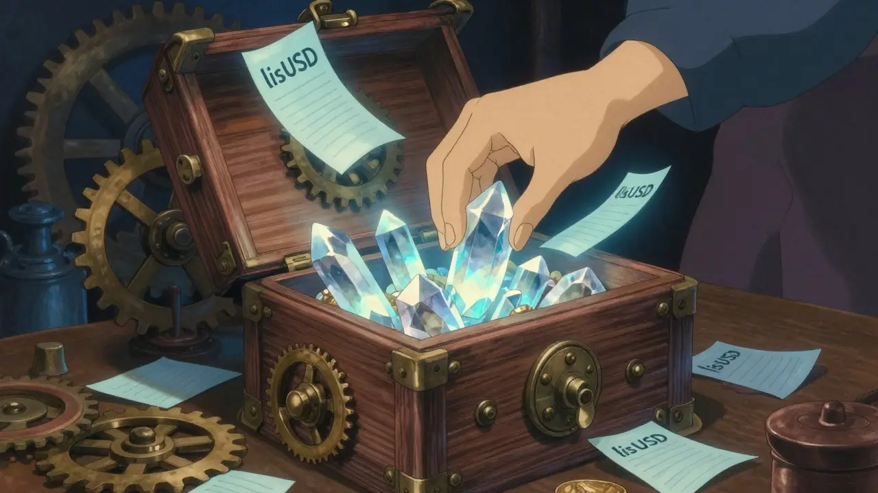 Ghibli style workshop with magical vault minting blue stablecoin notes