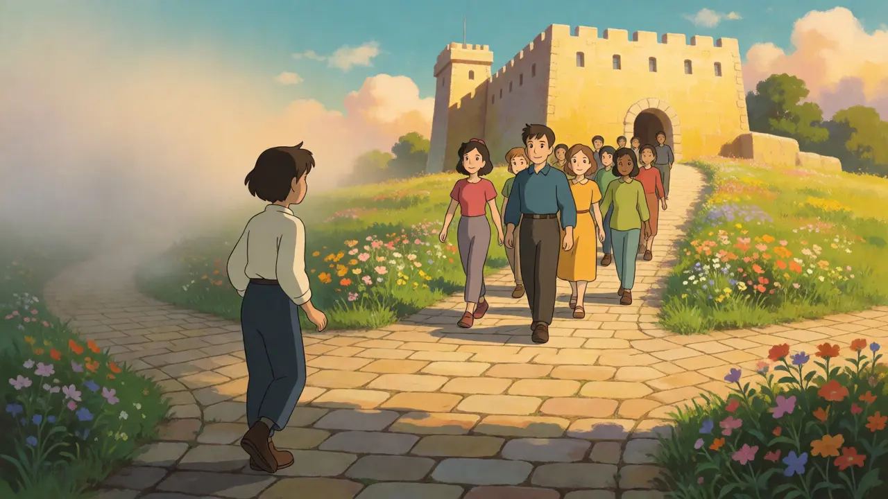 Group walking safely toward a fortress while one hesitates at a foggy crossroads