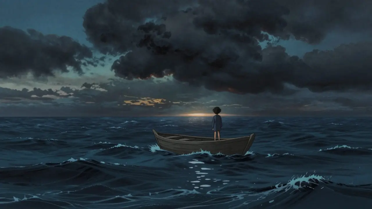 Lone figure on a boat in a stormy sea representing crypto market risks