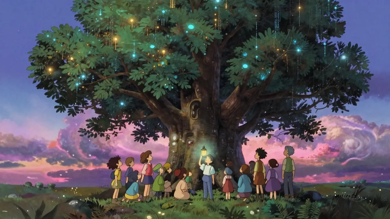 Magical tree with digital particles and people gathering below