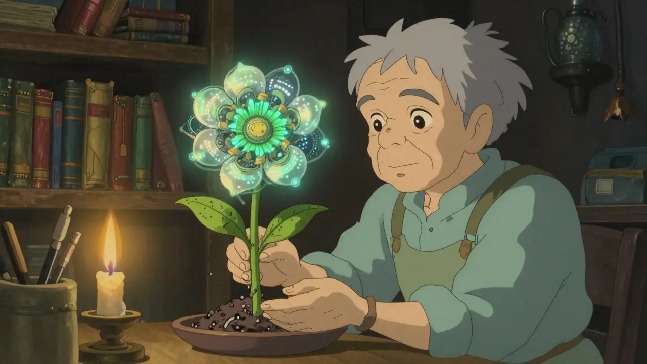 Magical workshop tending to a blooming AI mechanical flower