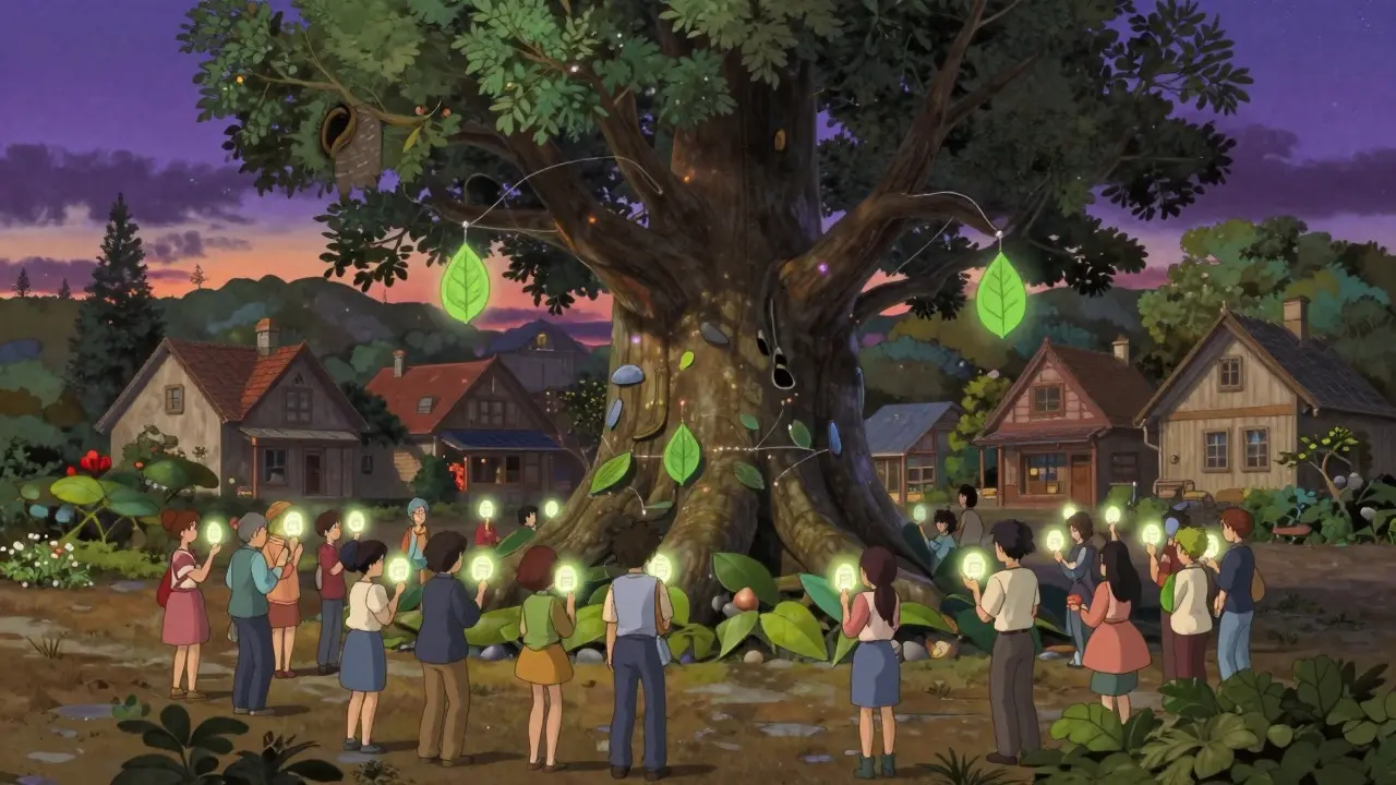 Manga style village square with people voting using leaf tokens on a tree