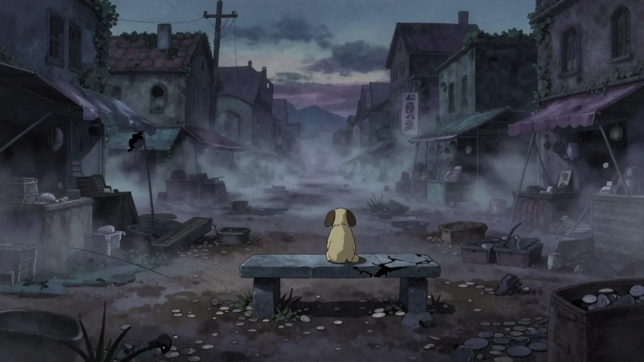 Melancholic Ghibli scene of a lone, sad dog sitting in a foggy, abandoned marketplace with scattered grey coins.