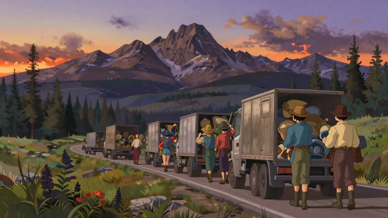 Miners moving equipment westward towards mountains at sunset