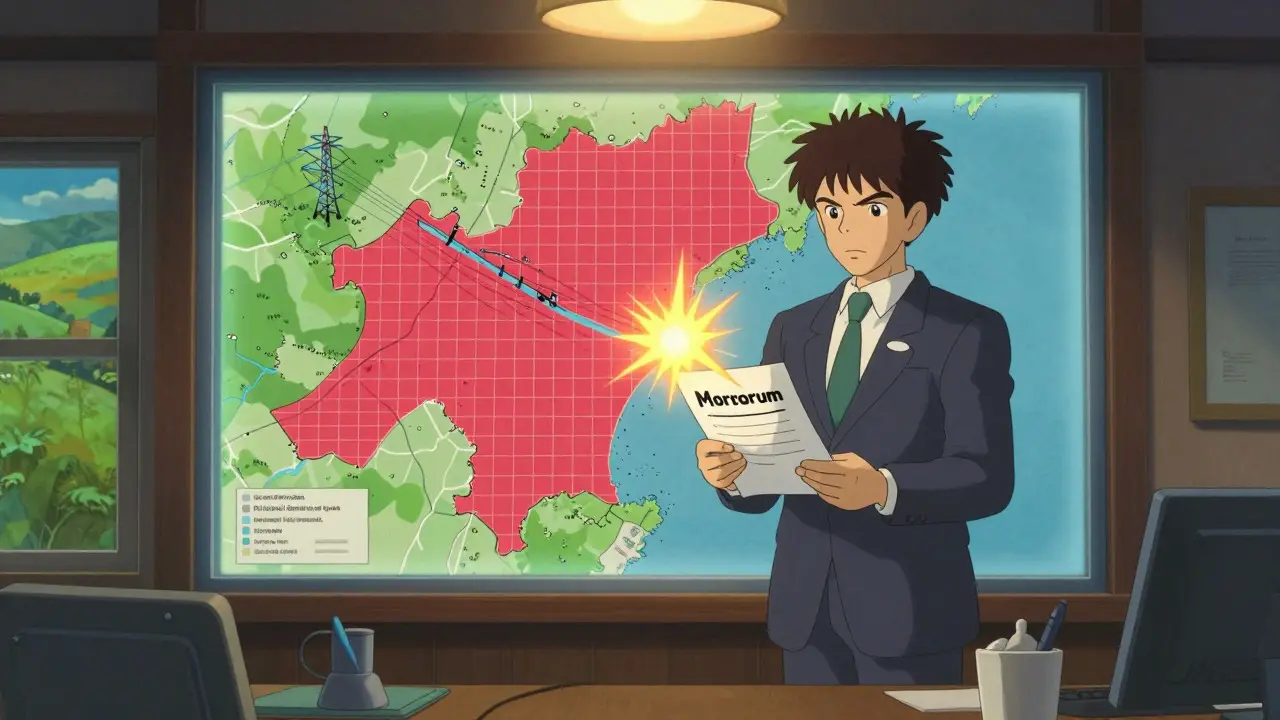 Official reviewing a grid map with red warning zones in an office