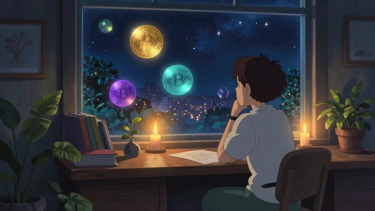 Person at a desk with glowing orbs in a cozy, starlit room