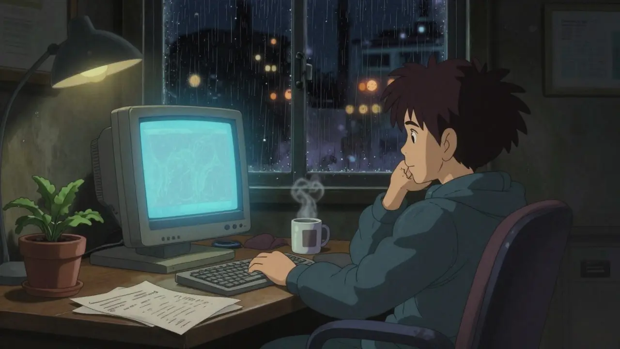 Person researching crypto on a glowing computer in a rainy room