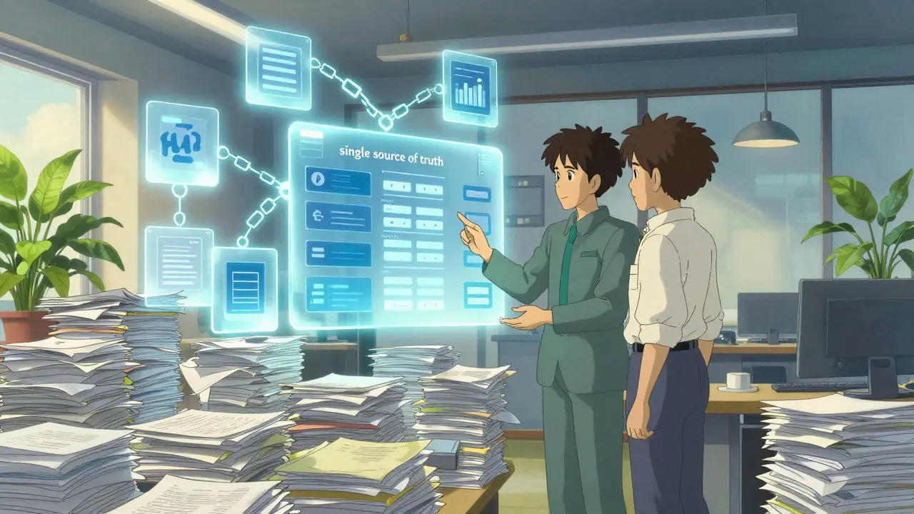 Professionals viewing shared digital blockchain ledger in bright office