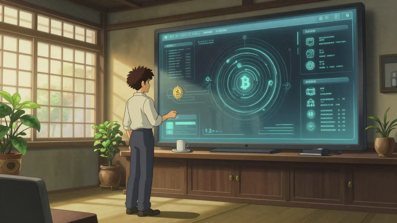 Serene Japanese office with blockchain tech in Studio Ghibli aesthetic