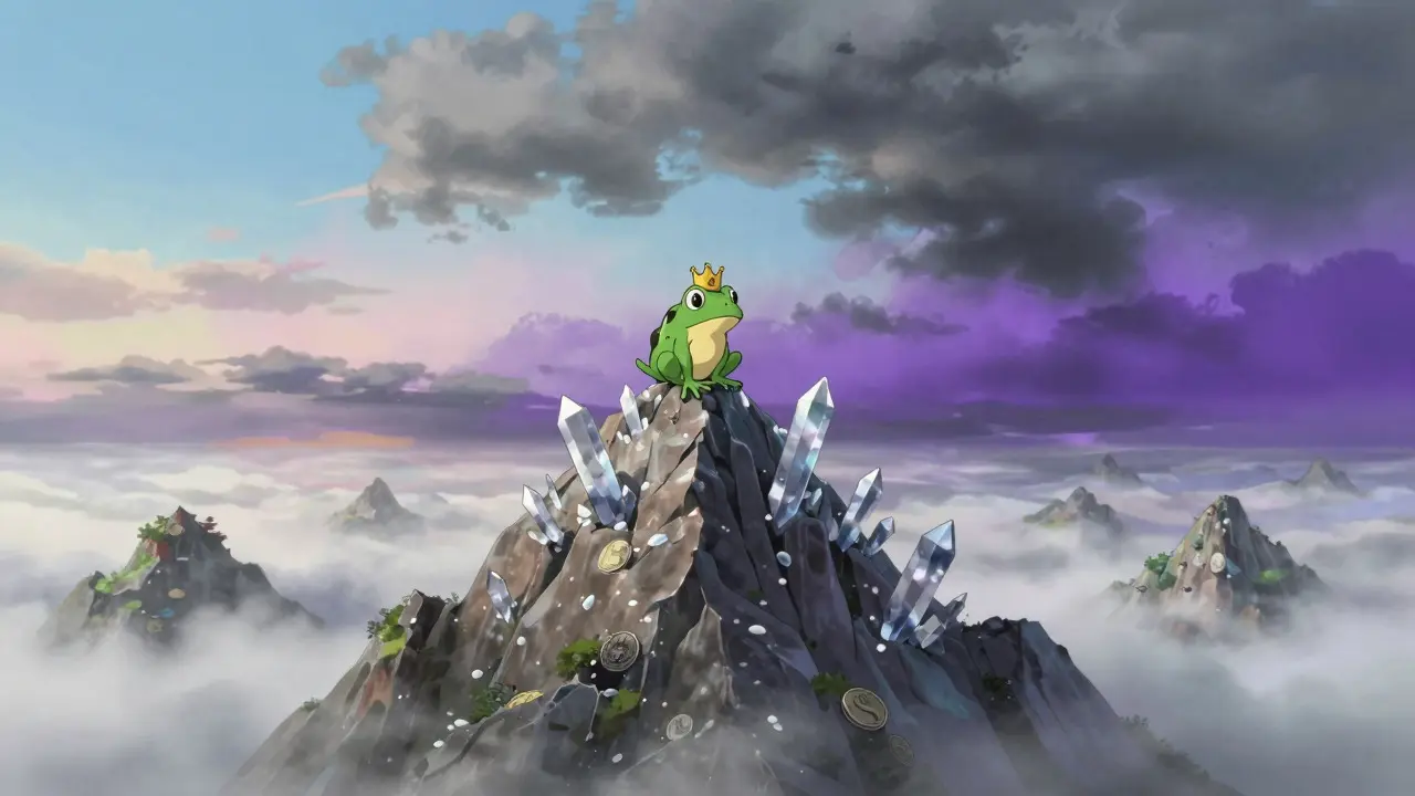 Small crowned frog on a crystal peak amid shifting stormy skies in Ghibli style