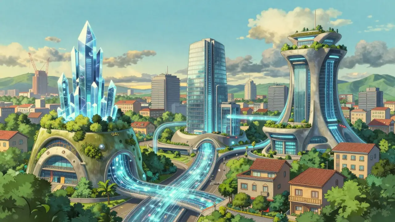 Studio Ghibli style cityscape featuring three distinct architectural zones connected by streams of luminous data