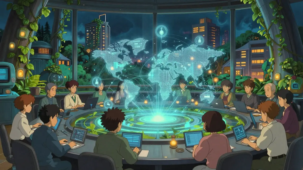 Team collaborating on secure insurance tech interface in futuristic room