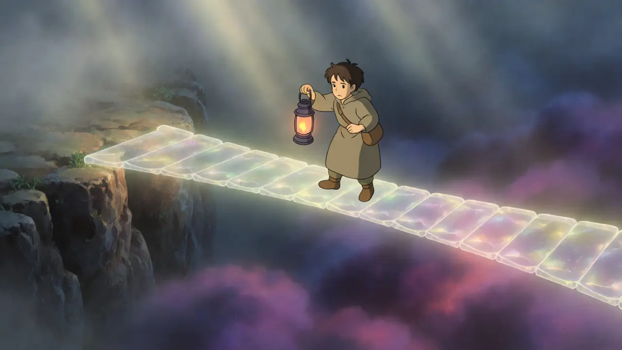 Trader crossing a fragile light bridge over a misty chasm, Studio Ghibli style.