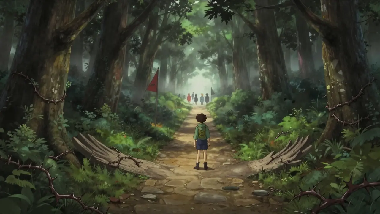 Traveler choosing between safe lit path and dangerous foggy trail