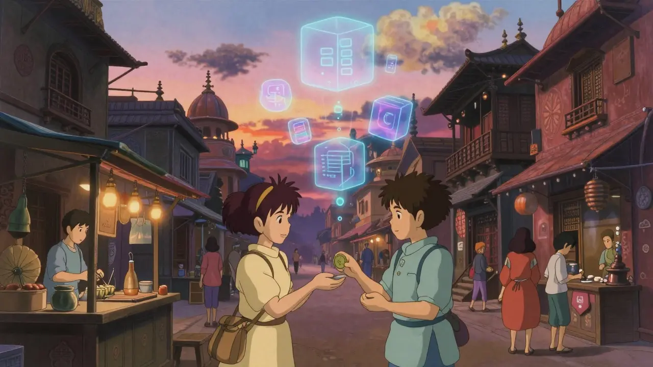 Two people exchanging coins in a futuristic market with floating digital elements