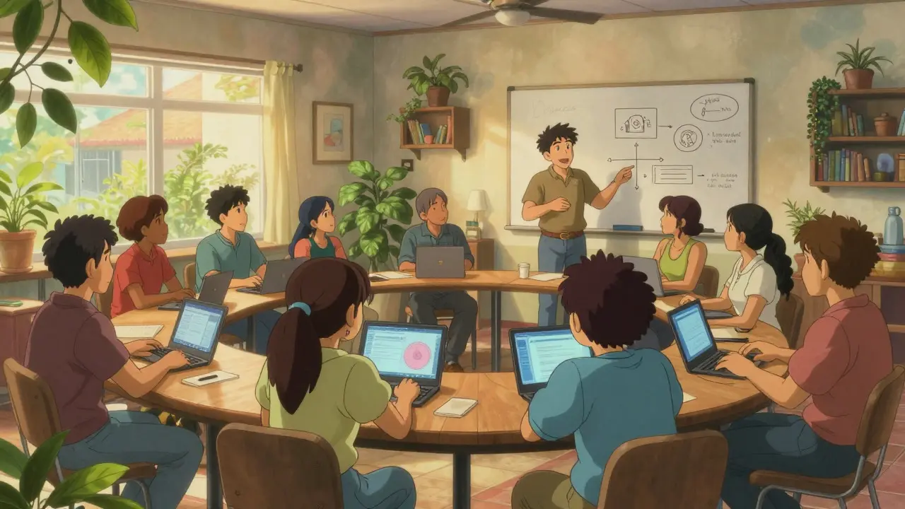 Warm, inviting Studio Ghibli scene of a community workshop in El Salvador where residents learn about digital finance and cryptocurrency basics from an instructor.