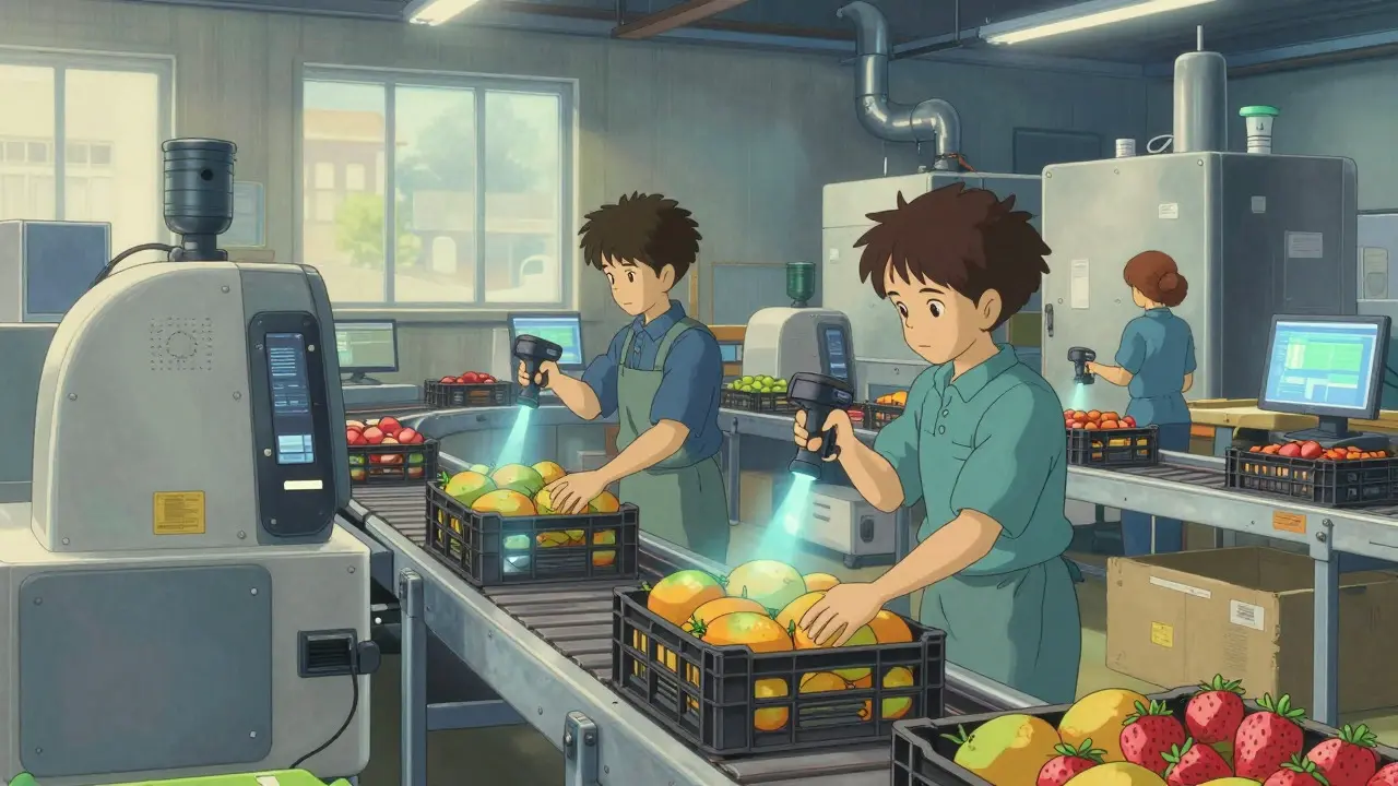Workers scanning crates of fresh fruit in a bright, modern warehouse setting