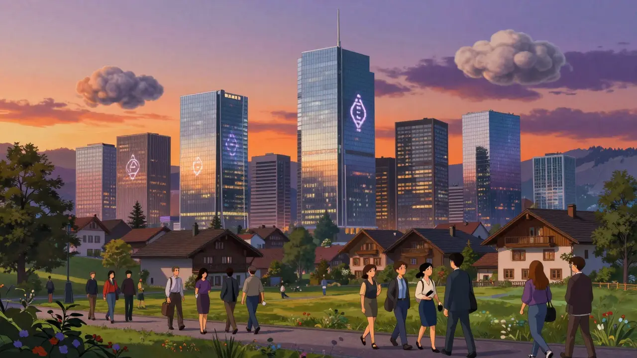 Zug Crypto Valley skyline blending tradition and innovation at dusk