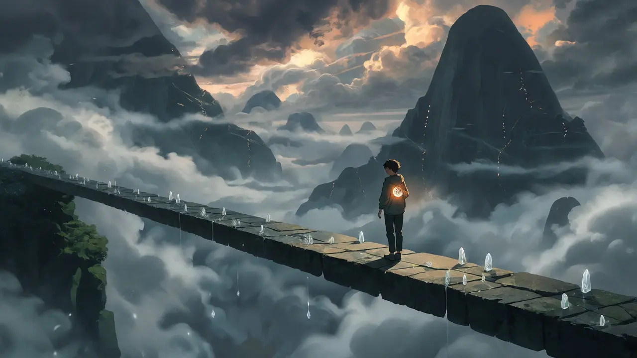 A cautious figure navigating a fragile path over a misty canyon, symbolizing market risk.