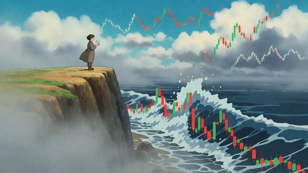 A figure holding a token orb on a cliff overlooking a volatile sea of market charts.