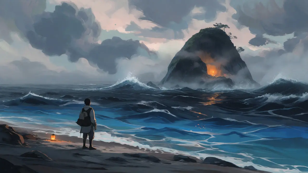A lone traveler observing a misty, isolated island across a turbulent sea, symbolizing cautious speculation.