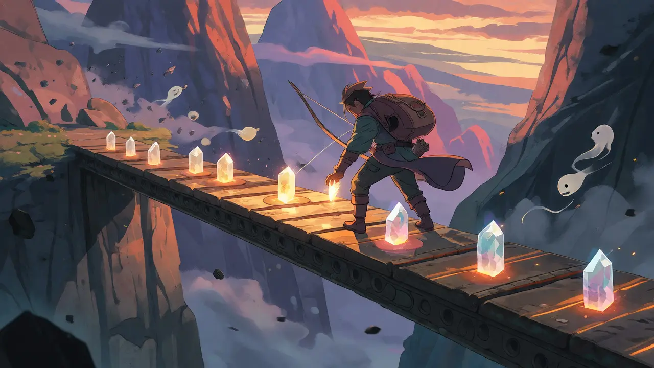 An adventurer precisely placing crystals on a narrow bridge to create a safe zone against volatile winds.