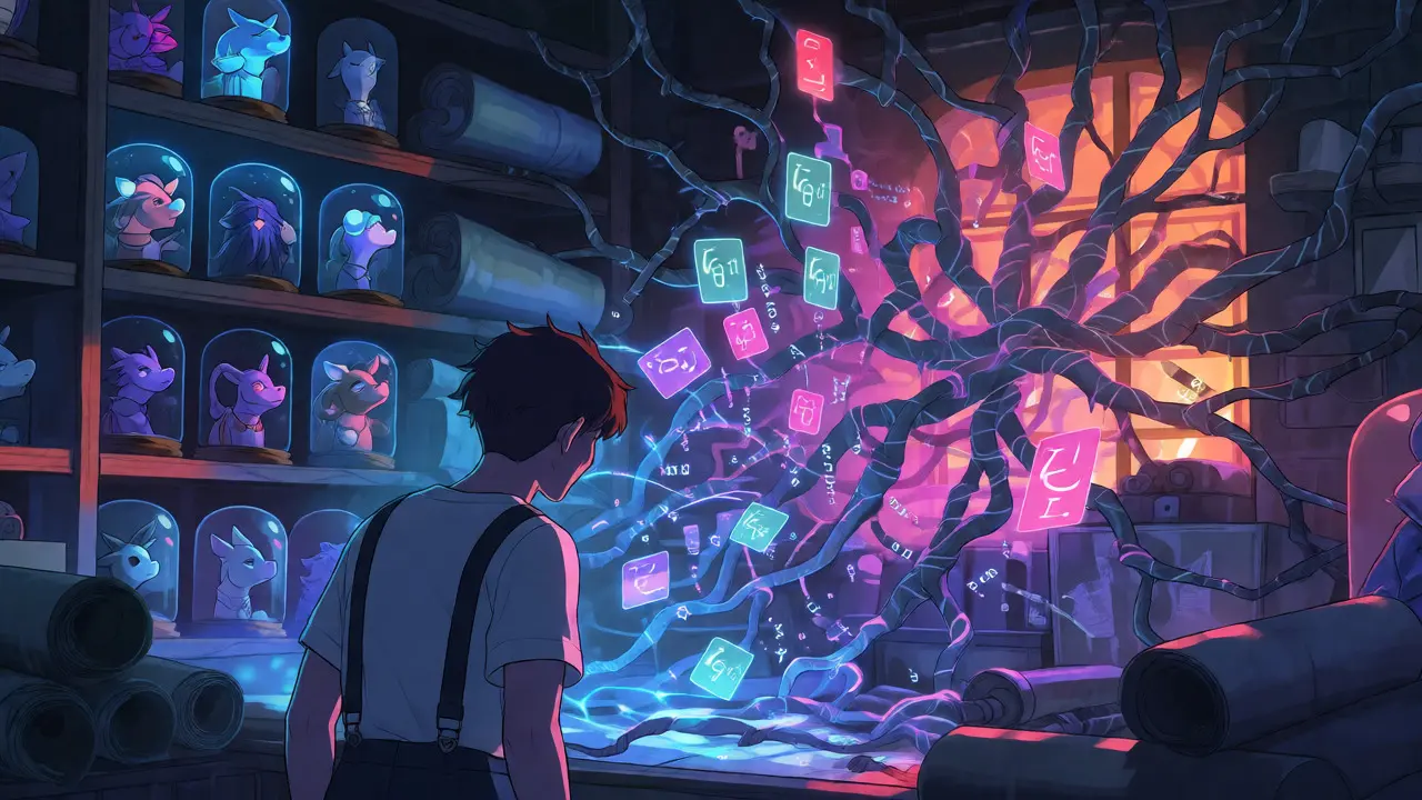 Anime scene of a user struggling with tangled smart contracts and stranded NFTs during the shutdown crisis.