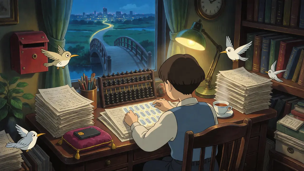 Character preparing crypto records in a cozy study ahead of new tax rules