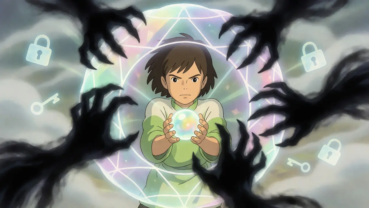 Character protecting a glowing orb with a light shield against dark shadows
