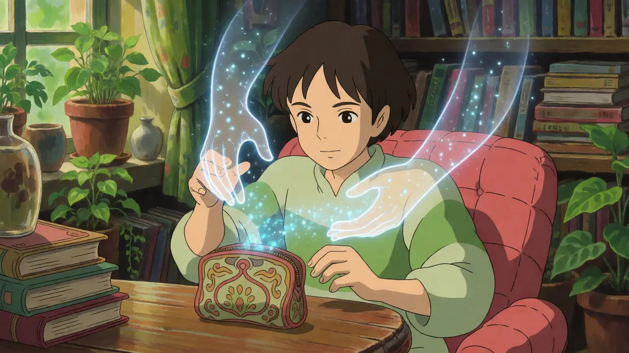Character receiving magical tokens into a wallet in a cozy studio setting.