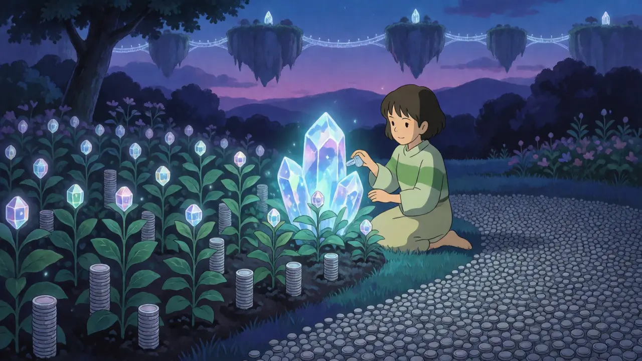 Character tending to a glowing crystal cluster in a magical garden, symbolizing staking rewards.