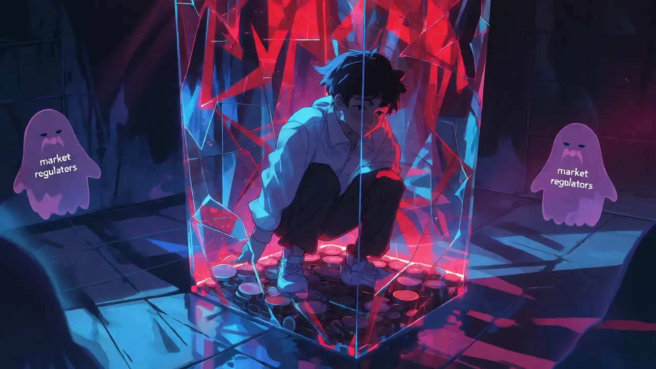 Character trapped in a digital cage of red and blue shards under cool blue lighting.
