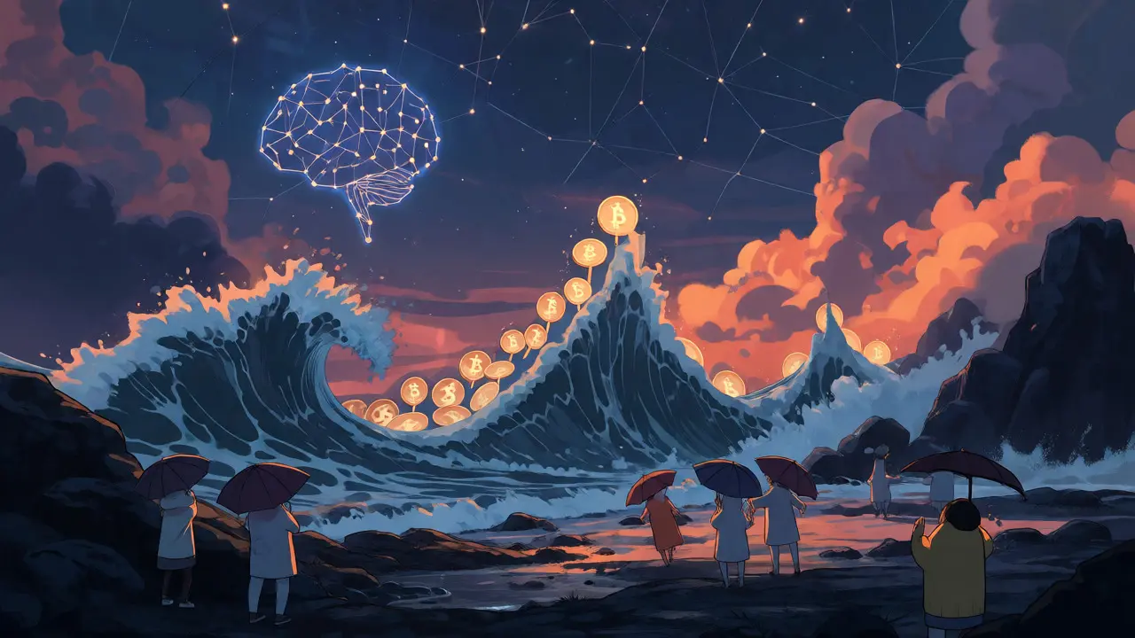 Community avatars on a shore facing crashing waves of crypto tokens under a starry AI-brain sky.