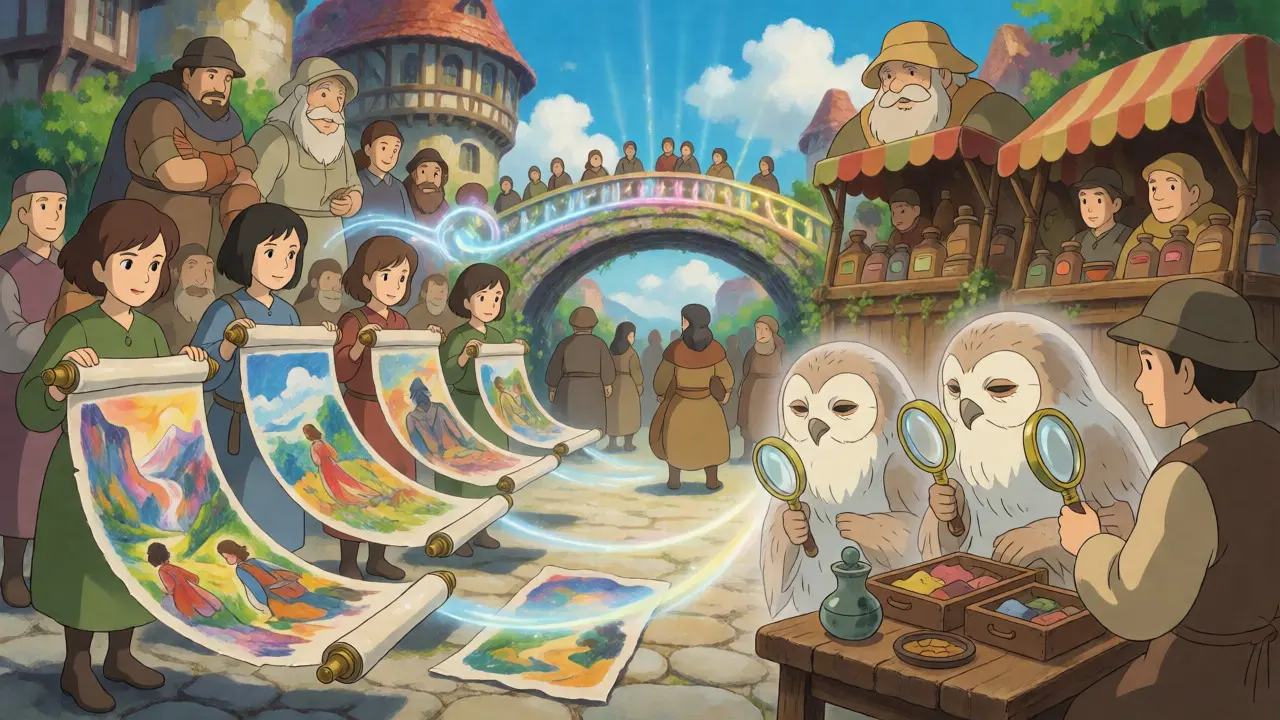 Community square where creators share stories and authenticators verify content quality.