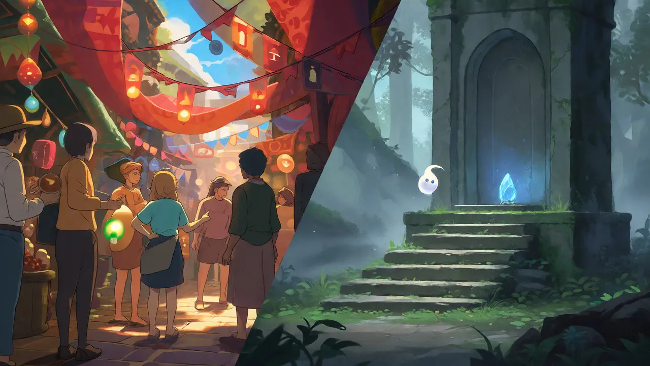 Contrast between busy market and quiet forest shrine