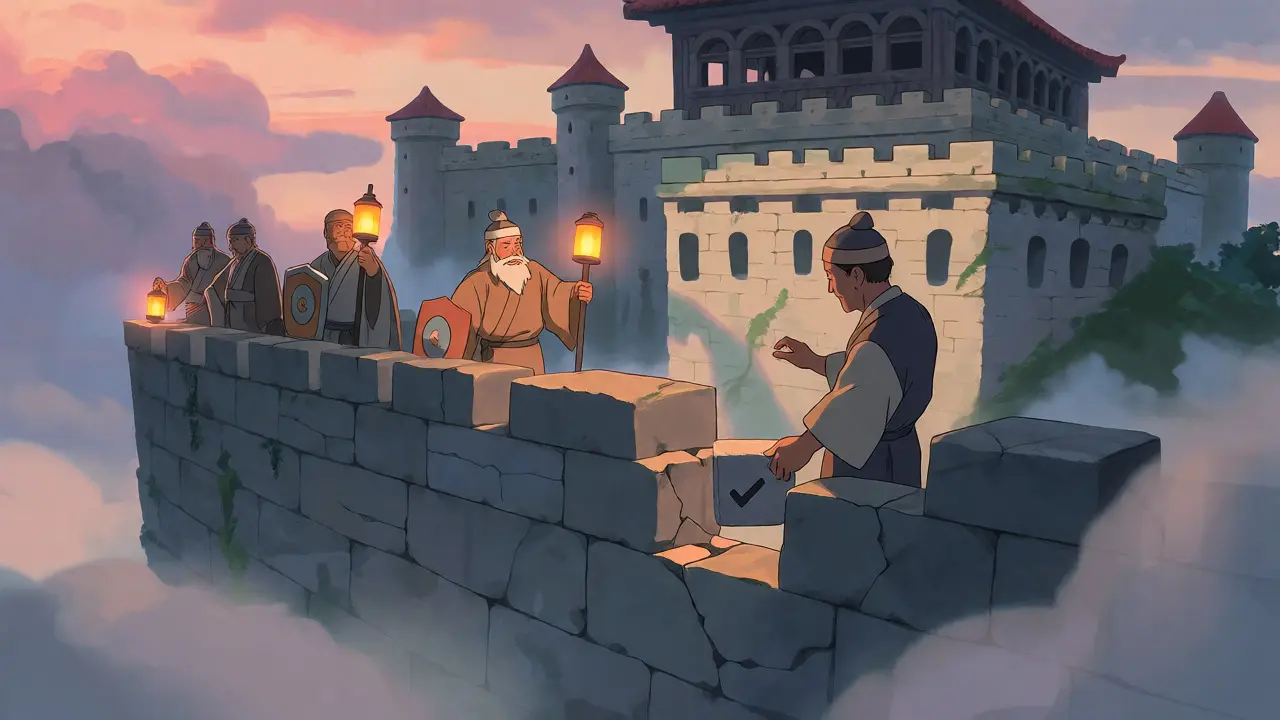 Developers securing a floating digital citadel with lanterns