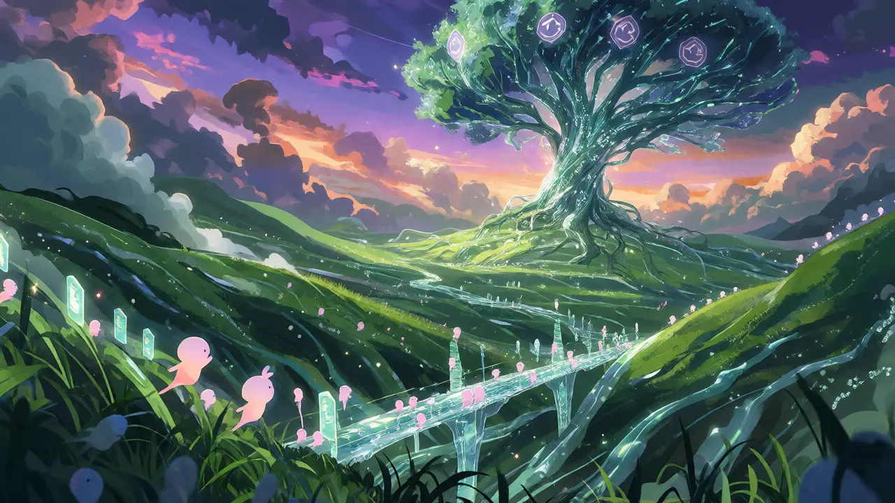 Digital landscape with spirits building structures around a growing tree.