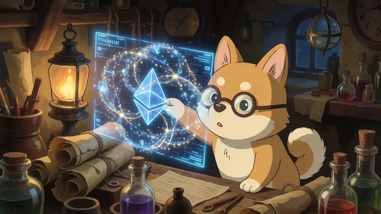 Dog character examining a glowing blockchain hologram in a workshop