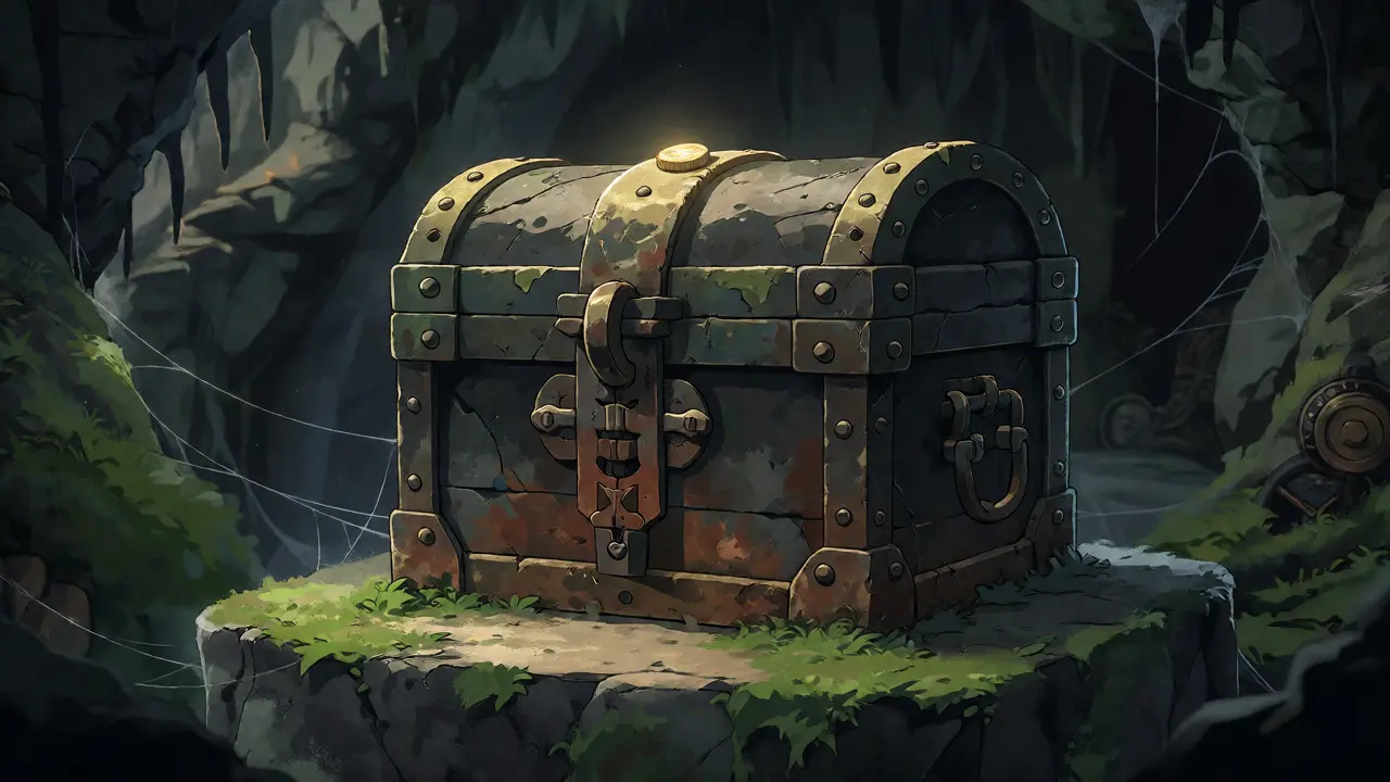 Dusty treasure chest with a single glowing token in a cave