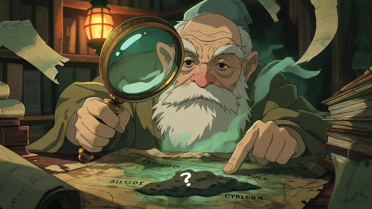 Elderly spirit examining a map of the crypto world with a magnifying glass in a study.