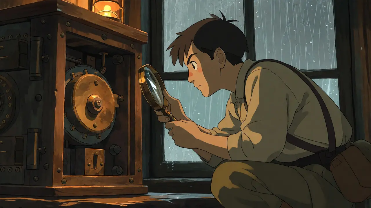 Explorer inspecting a mechanical vault with a magnifying glass