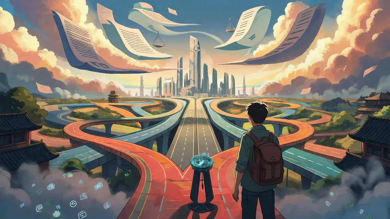 Explorer navigating a crossroads toward a regulated future city