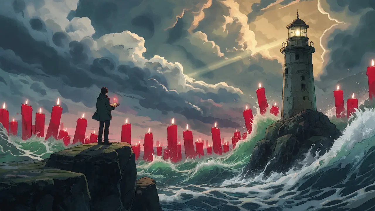 Figure on a cliff watching chaotic market waves guided by a lighthouse.