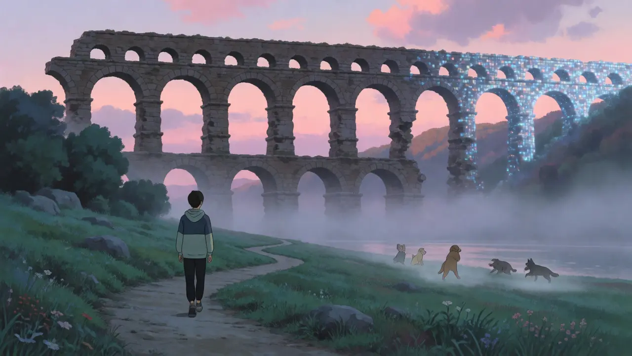 Figure walking towards a Roman aqueduct turning into digital pixels