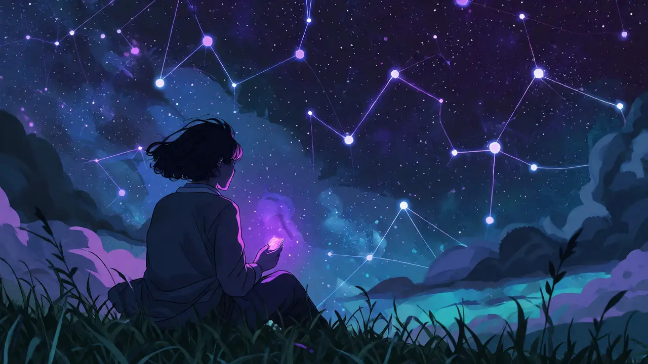 Figure watching starry node constellation while holding a glowing token device