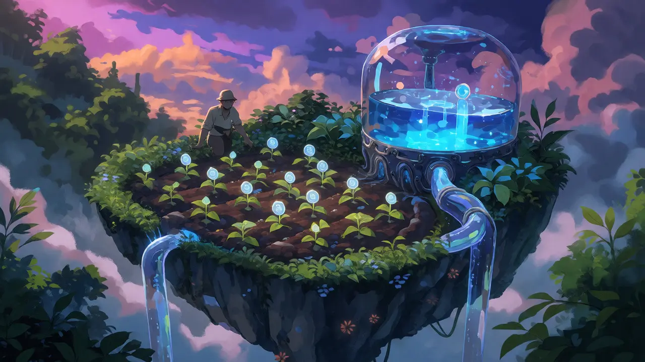 Floating island with a glass vault of blue liquid flowing into a farm plot under a twilight sky.
