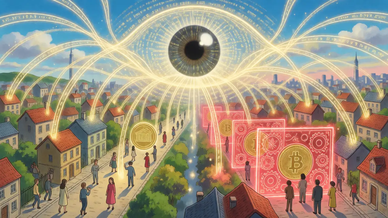 Glowing digital network and eye watching over city paths, blocking crypto flows.