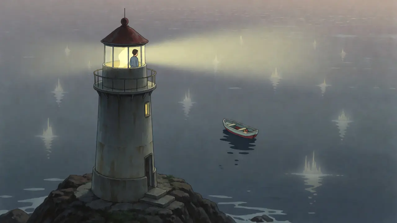 Lone lighthouse on a misty sea with a small boat, representing isolated legacy crypto asset.